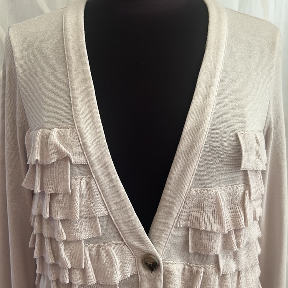 Ann Taylor Tan, V Neck, Button Down Cardigan with Ruffles, Size Small - Picture 2 of 5